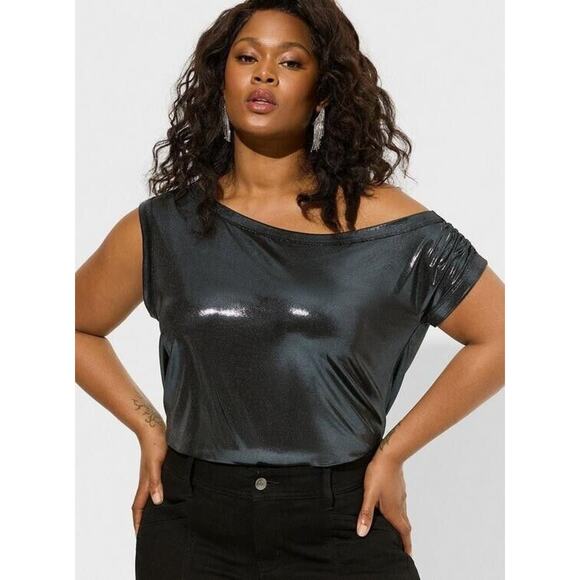 Torrid Silver Liquid Shine Off Shoulder Top Size 4 (4X/26) NEW Party Evening - Picture 1 of 9